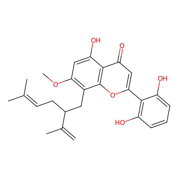 2D Structure of 2-(2,6-Dihydroxyphenyl)-5-hydroxy-8-(2-isopropenyl-5-methyl-hex-4-enyl)-7-methoxy-chromen-4-one 2D Structure of 2-(2,6-Dihydroxyphenyl)-5-hydroxy-8-(2-isopropenyl-5-methyl-hex-4-enyl)-7-methoxy-chromen-4-one