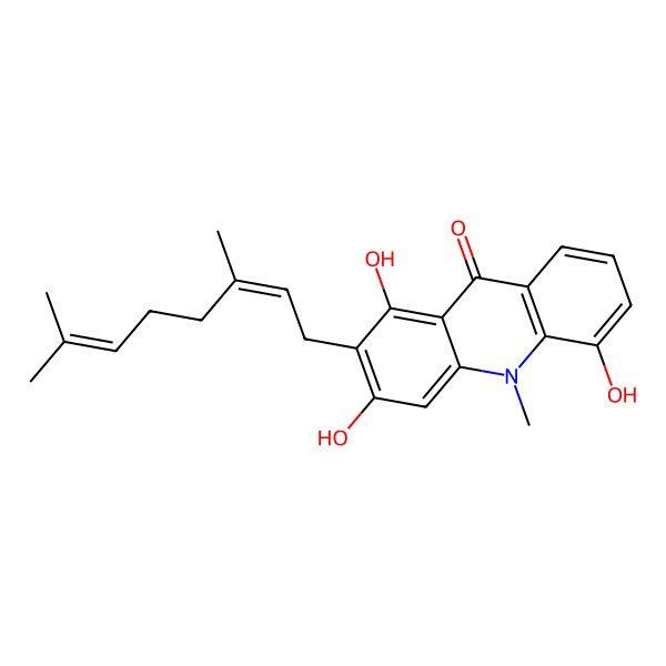 2D Structure of 2-[(2E)-3,7-dimethylocta-2,6-dienyl]-1,3,5-trihydroxy-10-methylacridin-9-one
