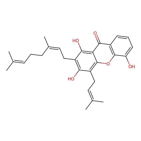 2D Structure of 2-[(2E)-3,7-dimethylocta-2,6-dienyl]-1,3,5-trihydroxy-4-(3-methylbut-2-enyl)xanthen-9-one