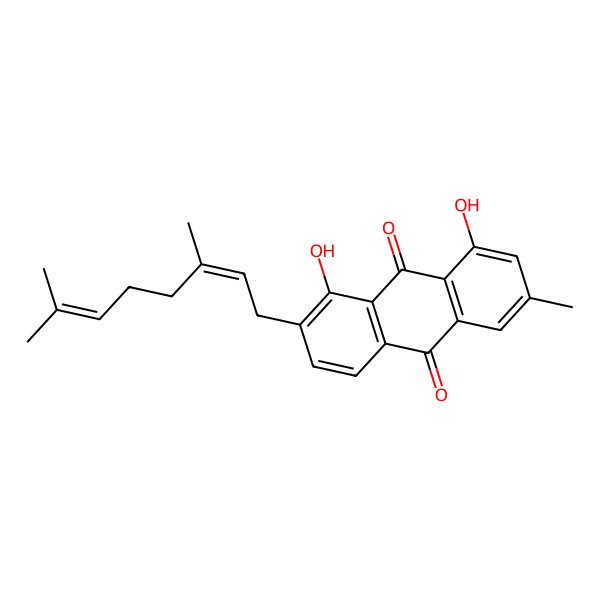 2D Structure of 2-[(2E)-3,7-dimethylocta-2,6-dienyl]-1,8-dihydroxy-6-methylanthracene-9,10-dione