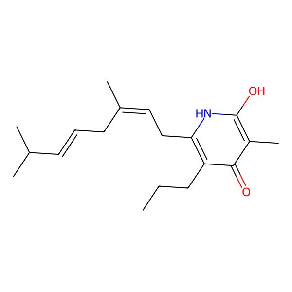 2D Structure of 2-[(2E,5E)-3,7-dimethylocta-2,5-dienyl]-6-hydroxy-5-methyl-3-propyl-1H-pyridin-4-one