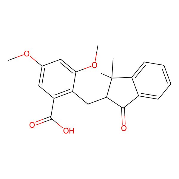 2D Structure of 2-[[(2R)-1,1-dimethyl-3-oxo-2H-inden-2-yl]methyl]-3,5-dimethoxybenzoic acid