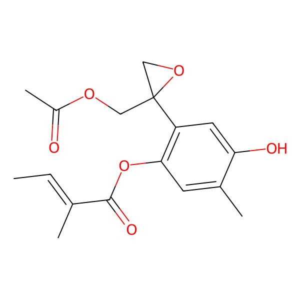 2D Structure of [2-[(2R)-2-(acetyloxymethyl)oxiran-2-yl]-4-hydroxy-5-methylphenyl] (Z)-2-methylbut-2-enoate