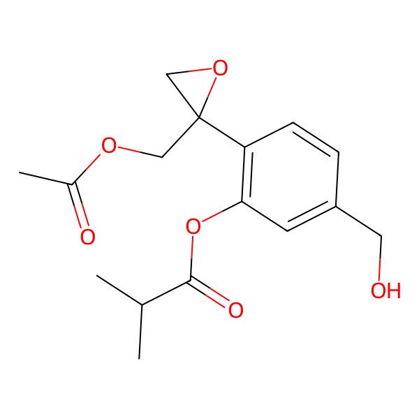 2D Structure of [2-[(2R)-2-(acetyloxymethyl)oxiran-2-yl]-5-(hydroxymethyl)phenyl] 2-methylpropanoate