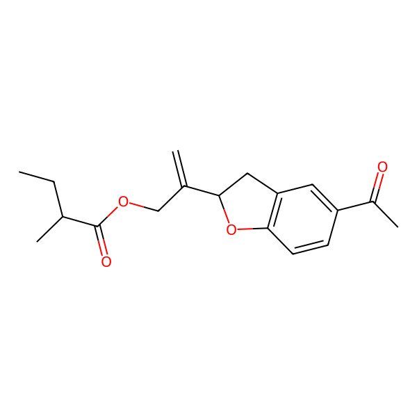 2D Structure of 2-[(2R)-5-acetyl-2,3-dihydro-1-benzofuran-2-yl]prop-2-enyl 2-methylbutanoate