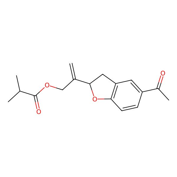 2D Structure of 2-[(2R)-5-acetyl-2,3-dihydro-1-benzofuran-2-yl]prop-2-enyl 2-methylpropanoate