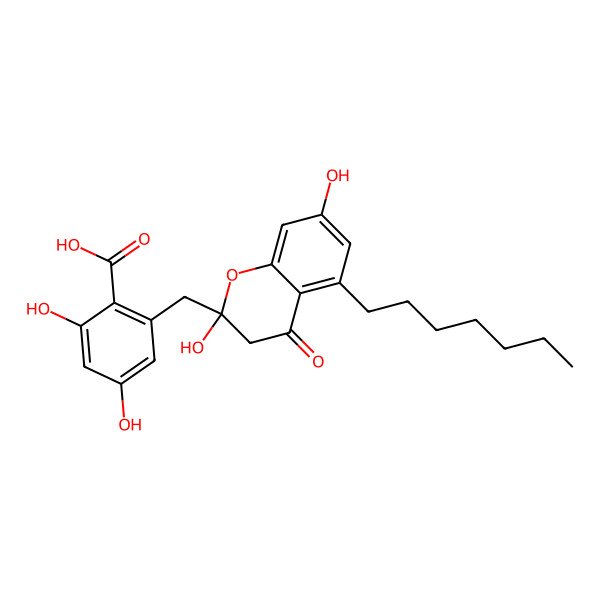 2D Structure of 2-[[(2R)-5-heptyl-2,7-dihydroxy-4-oxo-3H-chromen-2-yl]methyl]-4,6-dihydroxybenzoic acid