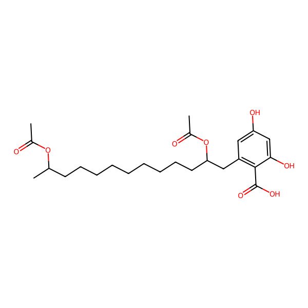 2D Structure of 2-[(2R,12S)-2,12-diacetyloxytridecyl]-4,6-dihydroxybenzoic acid