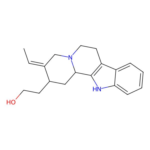 2D Structure of 2-[(2R,3E,12bS)-3-ethylidene-2,4,6,7,12,12b-hexahydro-1H-indolo[2,3-a]quinolizin-2-yl]ethanol