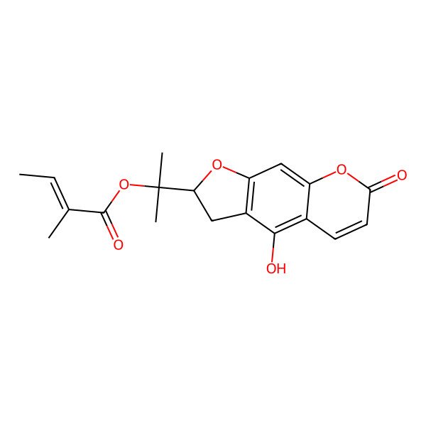 2D Structure of 2-[(2S)-4-hydroxy-7-oxo-2,3-dihydrofuro[3,2-g]chromen-2-yl]propan-2-yl (Z)-2-methylbut-2-enoate
