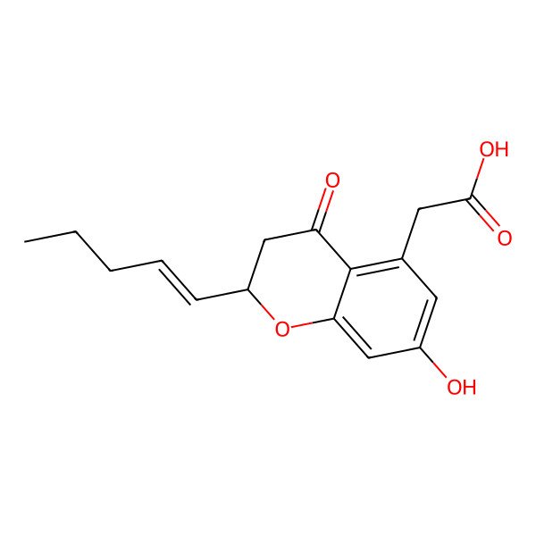 2D Structure of 2-[(2S)-7-hydroxy-4-oxo-2-[(E)-pent-1-enyl]-2,3-dihydrochromen-5-yl]acetic acid