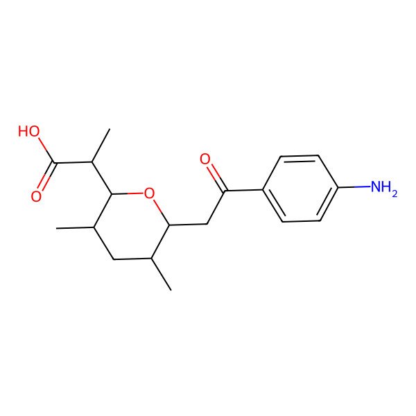 2D Structure of 2-[(2S,3R,5R,6S)-6-[2-(4-aminophenyl)-2-oxo-ethyl]-3,5-dimethyl-tetrahydropyran-2-yl]propanoic acid