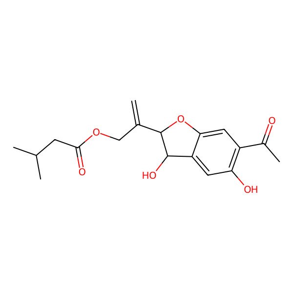 2D Structure of 2-[(2S,3S)-6-acetyl-3,5-dihydroxy-2,3-dihydro-1-benzofuran-2-yl]prop-2-enyl 3-methylbutanoate