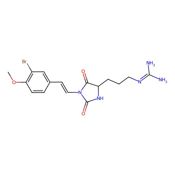 2D Structure of 2-[3-[1-[2-(3-Bromo-4-methoxyphenyl)ethenyl]-2,5-dioxoimidazolidin-4-yl]propyl]guanidine