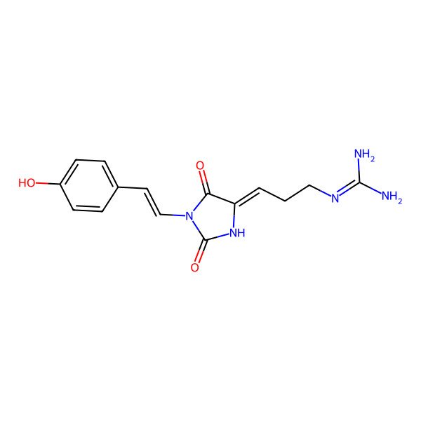 2D Structure of 2-[3-[1-[2-(4-Hydroxyphenyl)ethenyl]-2,5-dioxoimidazolidin-4-ylidene]propyl]guanidine