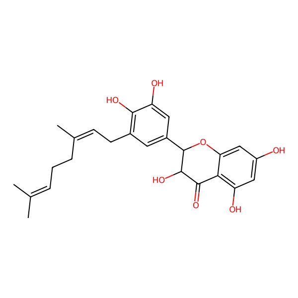 2D Structure of 2-[3-(3,7-Dimethylocta-2,6-dienyl)-4,5-dihydroxyphenyl]-3,5,7-trihydroxy-2,3-dihydrochromen-4-one