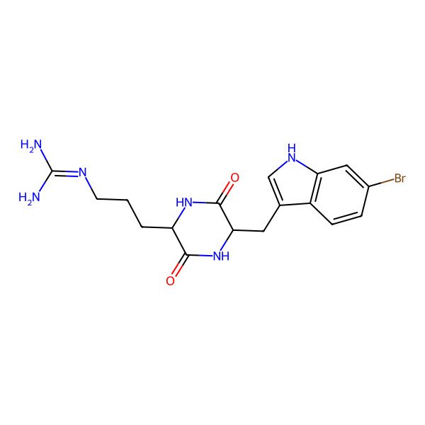 2D Structure of 2-[3-[5-[(6-bromo-1H-indol-3-yl)methyl]-3,6-dioxopiperazin-2-yl]propyl]guanidine