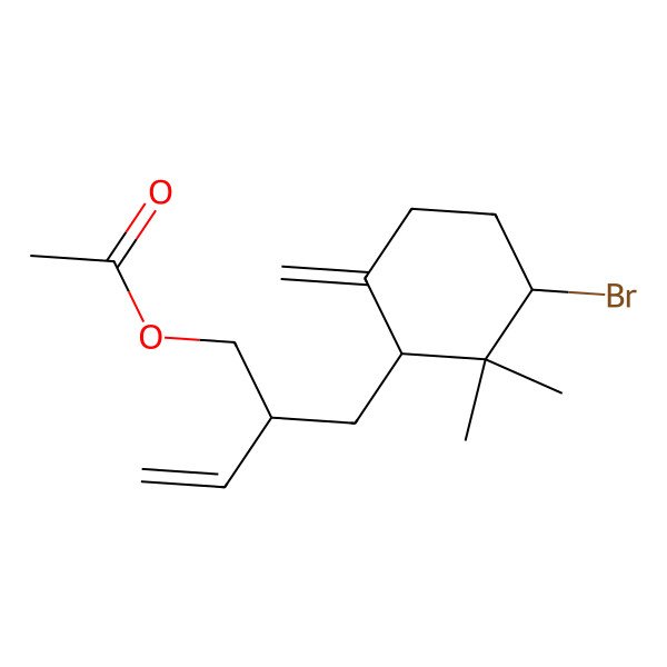 2D Structure of 2-[(3-Bromo-2,2-dimethyl-6-methylidenecyclohexyl)methyl]but-3-enyl acetate