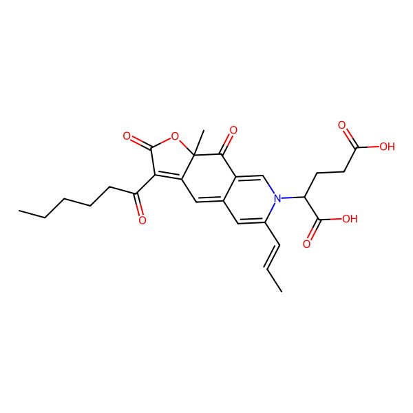2D Structure of 2-[3-hexanoyl-9a-methyl-2,9-dioxo-6-[(E)-prop-1-enyl]uro[3,2-g]isoquinolin-7-yl]pentanedioic acid