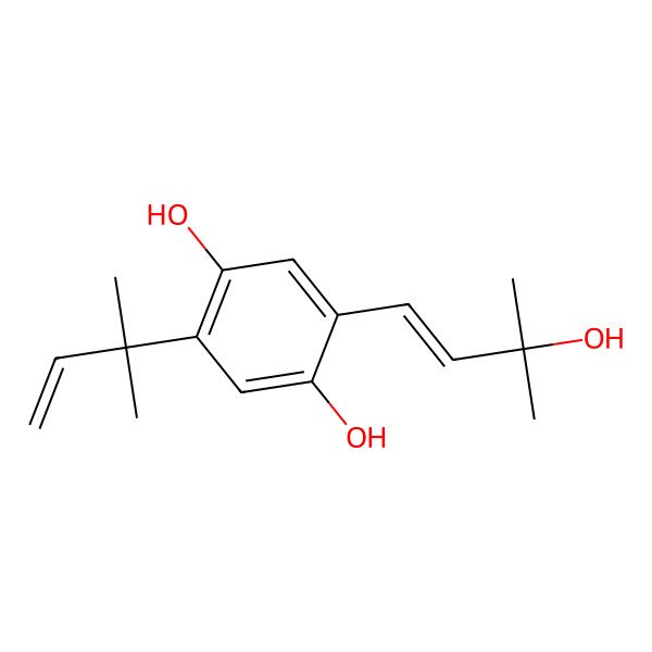 2D Structure of 2-(3-Hydroxy-3-methylbut-1-enyl)-5-(2-methylbut-3-en-2-yl)benzene-1,4-diol
