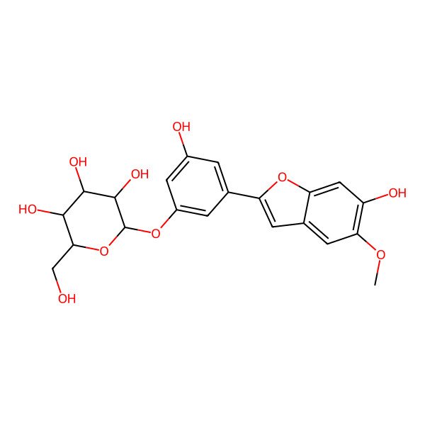 2D Structure of 2-[3-Hydroxy-5-(6-hydroxy-5-methoxy-1-benzofuran-2-yl)phenoxy]-6-(hydroxymethyl)oxane-3,4,5-triol