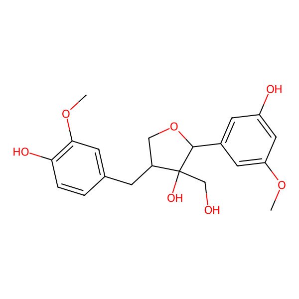 2D Structure of 2-(3-Hydroxy-5-methoxyphenyl)-4-[(4-hydroxy-3-methoxyphenyl)methyl]-3-(hydroxymethyl)oxolan-3-ol