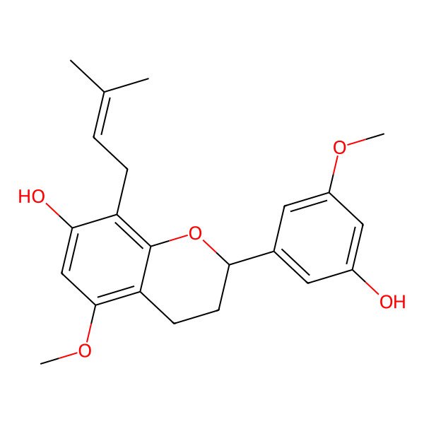 2D Structure of 2-(3-hydroxy-5-methoxyphenyl)-5-methoxy-8-(3-methylbut-2-enyl)-3,4-dihydro-2H-chromen-7-ol