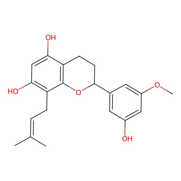 2D Structure of 2-(3-hydroxy-5-methoxyphenyl)-8-(3-methylbut-2-enyl)-3,4-dihydro-2H-chromene-5,7-diol