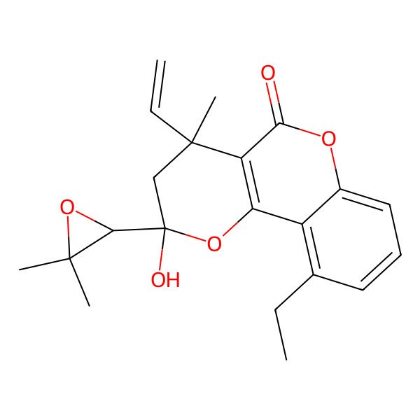 2D Structure of 2-(3,3-dimethyloxiran-2-yl)-4-ethenyl-10-ethyl-2-hydroxy-4-methyl-3H-pyrano[3,2-c]chromen-5-one