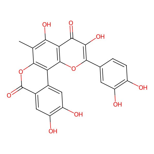 2D Structure of 2-(3,4-Dihydroxyphenyl)-3,5,10,11-tetrahydroxy-6-methylisochromeno[3,4-h]chromene-4,8-dione