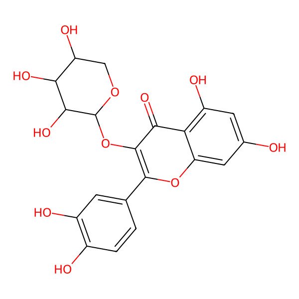 2D Structure of 2-(3,4-dihydroxyphenyl)-5,7-dihydroxy-3-[(2S,3S,4R,5S)-3,4,5-trihydroxyoxan-2-yl]oxychromen-4-one