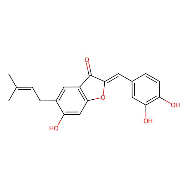 2D Structure of 2-[(3,4-Dihydroxyphenyl)methylidene]-6-hydroxy-5-(3-methylbut-2-enyl)-1-benzofuran-3-one