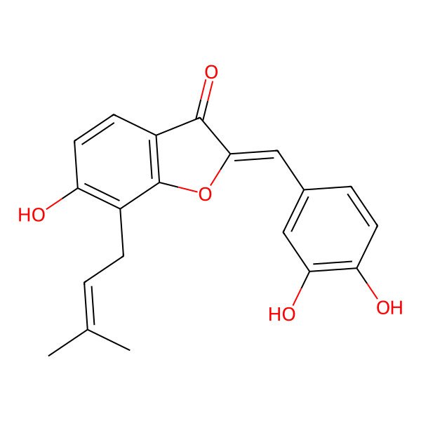 2D Structure of 2-[(3,4-Dihydroxyphenyl)methylidene]-6-hydroxy-7-(3-methylbut-2-enyl)-1-benzofuran-3-one
