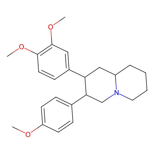 2D Structure of 2-(3,4-dimethoxyphenyl)-3-(4-methoxyphenyl)-2,3,4,6,7,8,9,9a-octahydro-1H-quinolizine 2D Structure of 2-(3,4-dimethoxyphenyl)-3-(4-methoxyphenyl)-2,3,4,6,7,8,9,9a-octahydro-1H-quinolizine