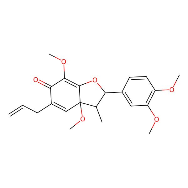 2D Structure of 2-(3,4-Dimethoxyphenyl)-3a,7-dimethoxy-3-methyl-5-prop-2-enyl-2,3-dihydro-1-benzofuran-6-one 2D Structure of 2-(3,4-Dimethoxyphenyl)-3a,7-dimethoxy-3-methyl-5-prop-2-enyl-2,3-dihydro-1-benzofuran-6-one