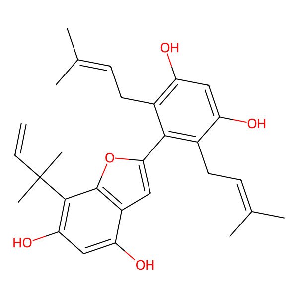 2D Structure of 2-[3,5-Dihydroxy-2,6-bis(3-methylbut-2-enyl)phenyl]-7-(2-methylbut-3-en-2-yl)-1-benzofuran-4,6-diol