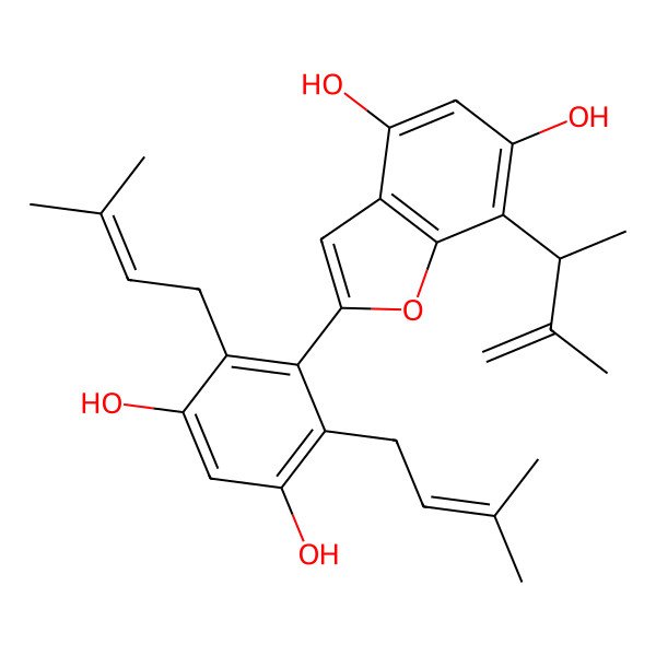 2D Structure of 2-[3,5-Dihydroxy-2,6-bis(3-methylbut-2-enyl)phenyl]-7-(3-methylbut-3-en-2-yl)-1-benzofuran-4,6-diol