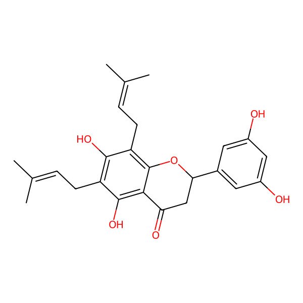 2D Structure of 2-(3,5-Dihydroxyphenyl)-5,7-dihydroxy-6,8-bis(3-methylbut-2-enyl)-2,3-dihydrochromen-4-one