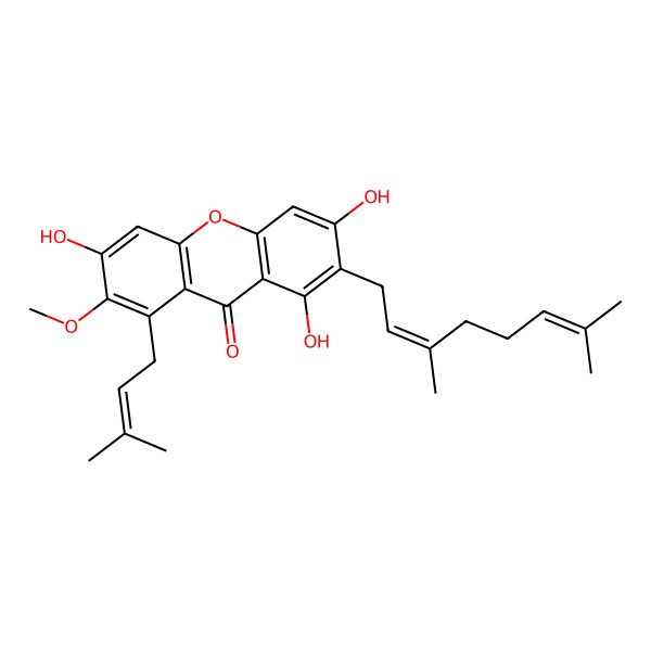 2D Structure of 2-(3,7-Dimethylocta-2,6-dienyl)-1,3,6-trihydroxy-7-methoxy-8-(3-methylbut-2-enyl)xanthen-9-one