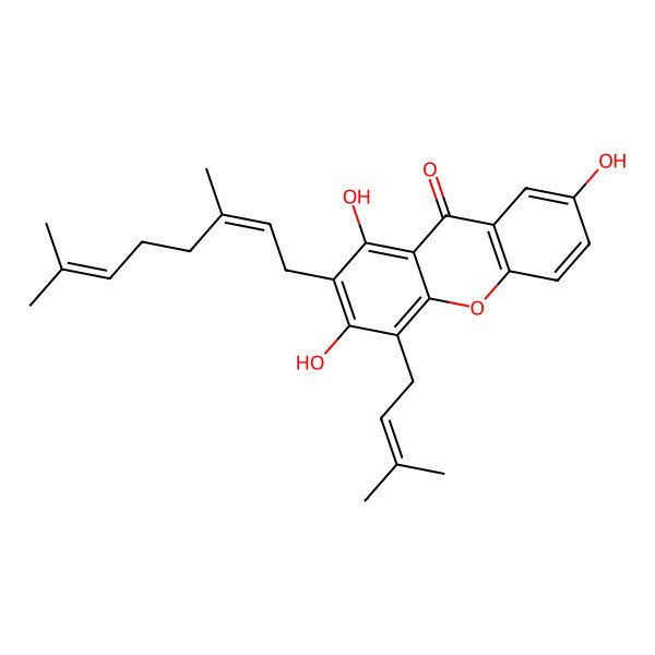 2D Structure of 2-(3,7-Dimethylocta-2,6-dienyl)-1,3,7-trihydroxy-4-(3-methylbut-2-enyl)xanthen-9-one 2D Structure of 2-(3,7-Dimethylocta-2,6-dienyl)-1,3,7-trihydroxy-4-(3-methylbut-2-enyl)xanthen-9-one