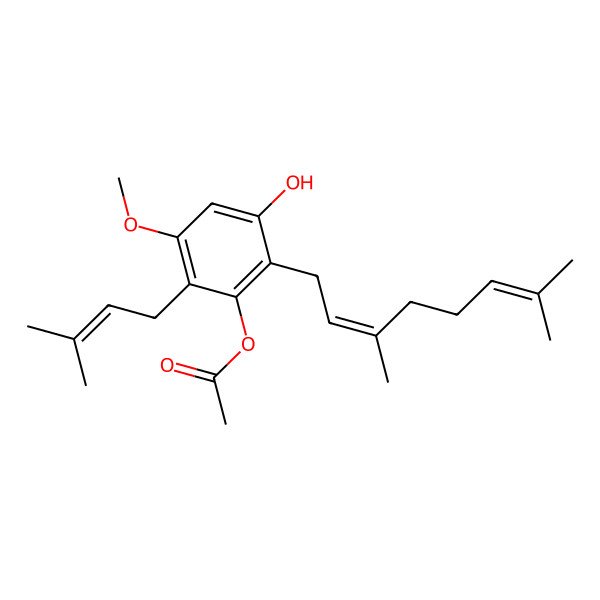 2D Structure of [2-(3,7-Dimethylocta-2,6-dienyl)-3-hydroxy-5-methoxy-6-(3-methylbut-2-enyl)phenyl] acetate