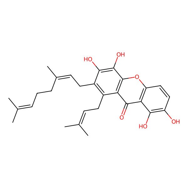 2D Structure of 2-(3,7-Dimethylocta-2,6-dienyl)-3,4,7,8-tetrahydroxy-1-(3-methylbut-2-enyl)xanthen-9-one