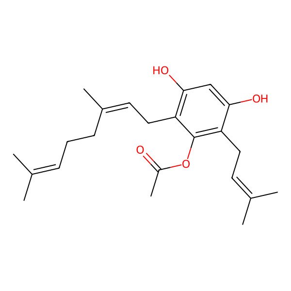 2D Structure of [2-(3,7-Dimethylocta-2,6-dienyl)-3,5-dihydroxy-6-(3-methylbut-2-enyl)phenyl] acetate