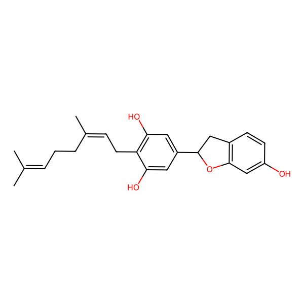2D Structure of 2-(3,7-Dimethylocta-2,6-dienyl)-5-(6-hydroxy-2,3-dihydro-1-benzofuran-2-yl)benzene-1,3-diol