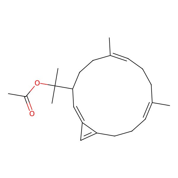 2D Structure of 2-[(3R,6E,10Z)-6,10-dimethyl-3-bicyclo[12.1.0]pentadeca-1,6,10,14-tetraenyl]propan-2-yl acetate