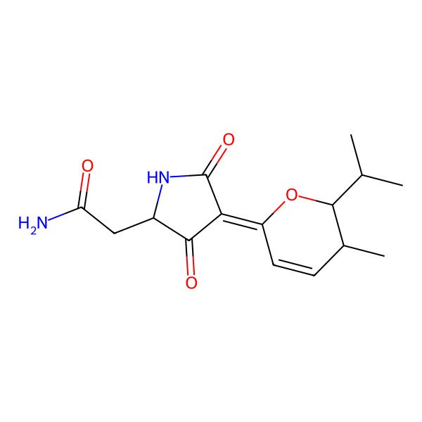 2D Structure of 2-[4-(3-Methyl-2-propan-2-yl-2,3-dihydropyran-6-ylidene)-3,5-dioxopyrrolidin-2-yl]acetamide