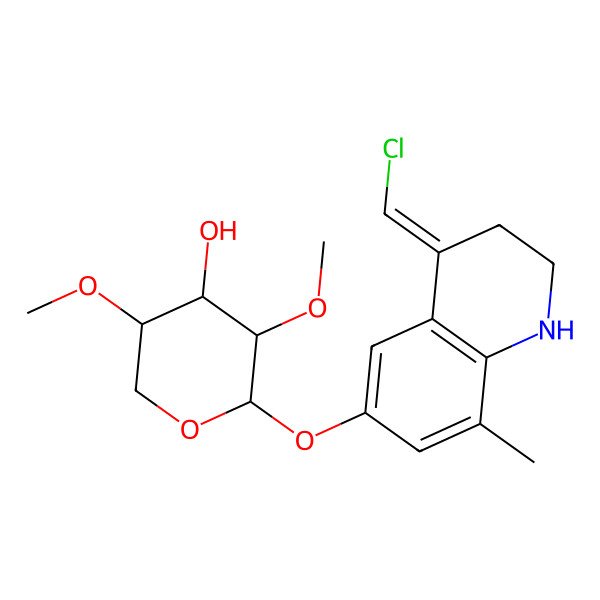2D Structure of 2-[[4-(chloromethylidene)-8-methyl-2,3-dihydro-1H-quinolin-6-yl]oxy]-3,5-dimethoxyoxan-4-ol