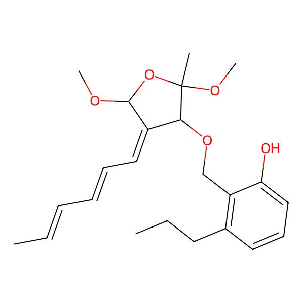 2D Structure of 2-[(4-Hexa-2,4-dienylidene-2,5-dimethoxy-2-methyloxolan-3-yl)oxymethyl]-3-propylphenol