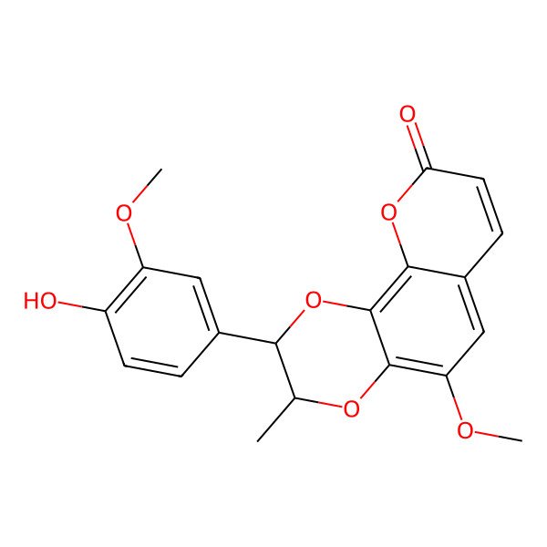 2D Structure of 2-(4-Hydroxy-3-methoxyphenyl)-5-methoxy-3-methyl-2,3-dihydropyrano[3,2-h][1,4]benzodioxin-9-one