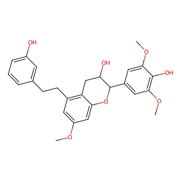 2D Structure of 2-(4-hydroxy-3,5-dimethoxyphenyl)-5-[2-(3-hydroxyphenyl)ethyl]-7-methoxy-3,4-dihydro-2H-chromen-3-ol
